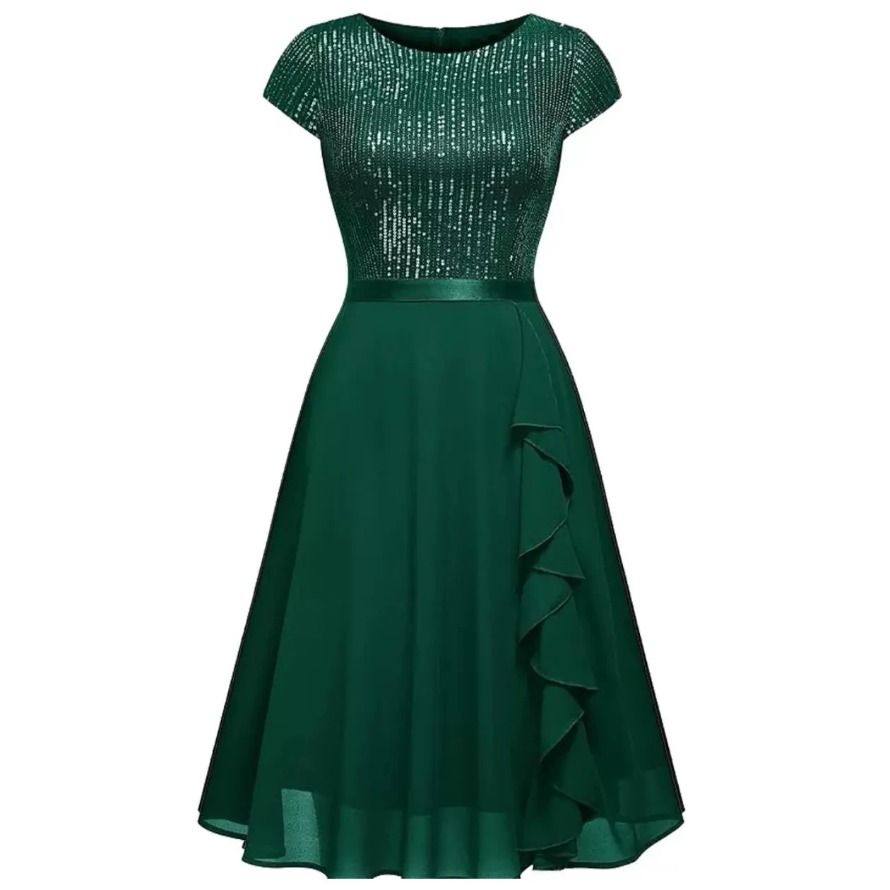 Women's Plus Size Peplum Dress, Solid Color Chiffon Gown with Contrast Sequin and Long Sleeves, Formal Wear, Elegant, Polyester, Crew Neck, Elastane, Sequin Contrast, Slight Stretch, Basic, Chic, 2Xl, Do Not Dry Clean, Hand Wash Only, Occasion