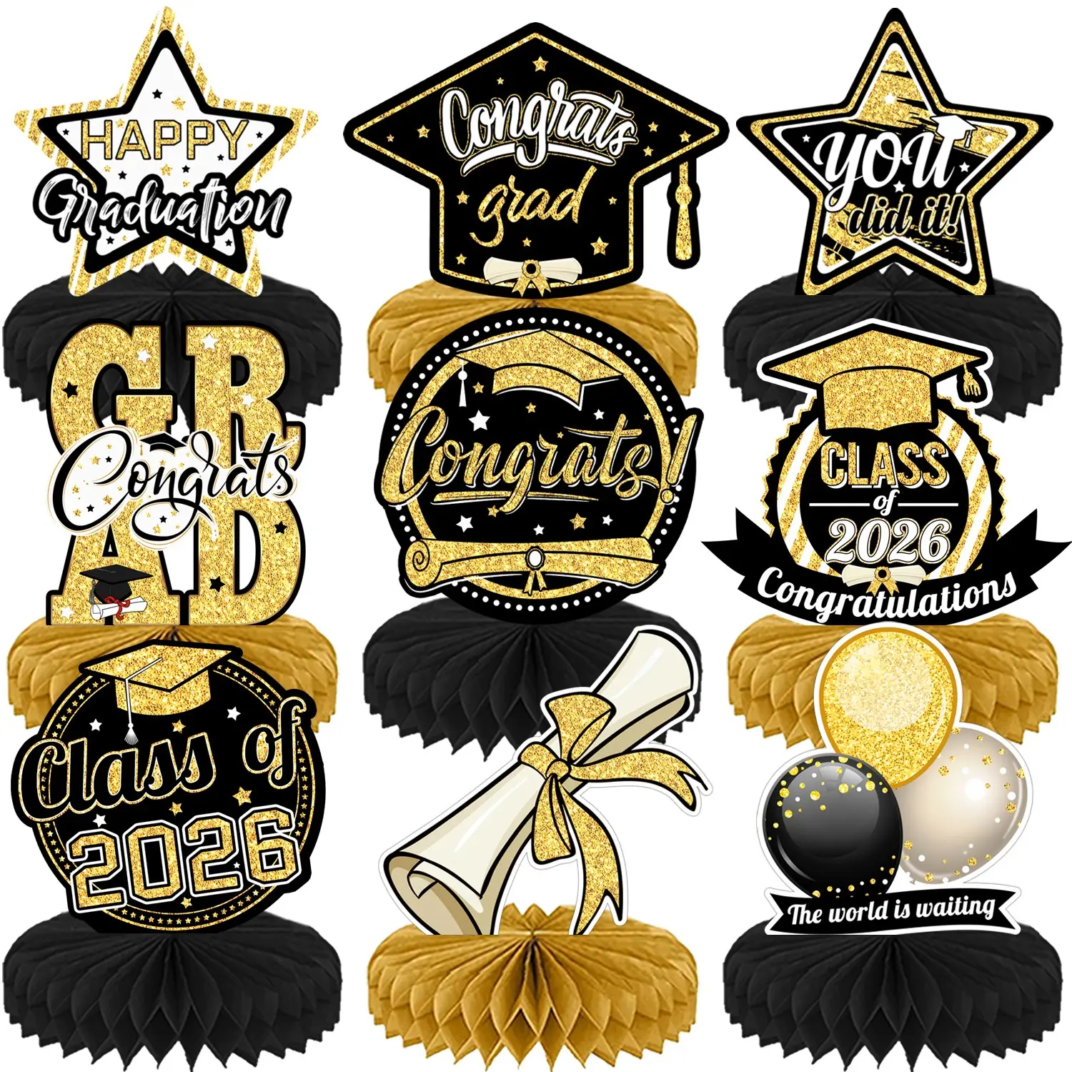 9Pcs Class of 2026 Graduation Party Decorations, Black and Gold Honeycomb Centerpieces, Congrats Grad Table Toppers, 3D Double-Sided Graduation Table Ornaments for University High School Graduation Party Supplies, Graduation Party Set