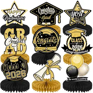 9Pcs Class of 2026 Graduation Party Decorations, Black and Gold Honeycomb Centerpieces, Congrats Grad Table Toppers, 3D Double-Sided Graduation Table Ornaments for University High School Graduation Party Supplies