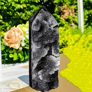 1PC Stunning natural sphalerite crystal cluster tower - single pointed pillar, bohemian style crystal decoration, black and light colors, suitable for family tabletops, unique holiday gift (Halloween/Christmas/Easter)