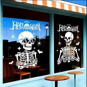 Halloween Glass Window Stickers, 2 Pieces 45cmx60cm, Skull, Spider, Bat Designs, Static Adhesive, Home Decor, Haunted House, Store Decoration