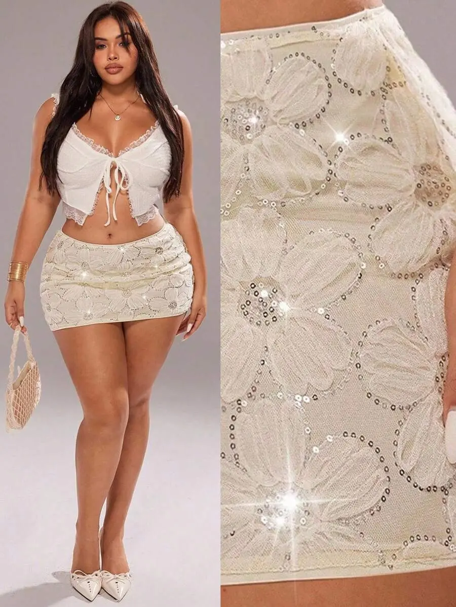 ORLINA Plus Size Sexy Party Elegant Minimalist Mid/Low Waist Bling Sequin Embroidered Mini Skirt