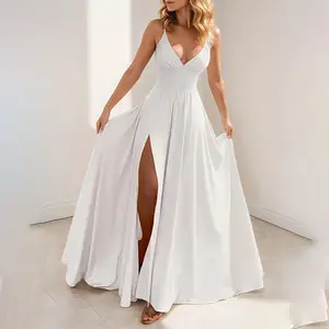 2026 Spring New Women's Spaghetti Strap Maxi Dress, Fashion Sexy Slit Solid Color Long Dress, Elegant Sleeveless Party Dress, Soft Flowy Casual Dress for Club, Night Out, Beach Vacation & Daily Streetwear