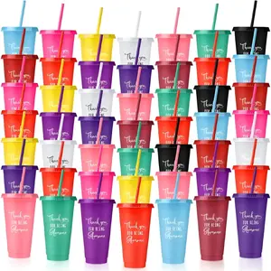 50 Pcs 24oz Plastic Tumbler with Straw and Lid for Employee Appreciation Thank You Cup Christmas Party Gift Travel Cups for Teacher Coworker Friend Volunteer Assorted Style