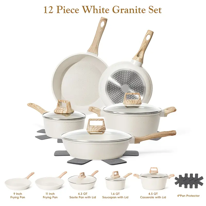 12pcs Non-Stick Granite Aluminium Cookware Set Complete Kit - Frying Pans, Casserole, Saucepan, Compatible Lids, Pan Protector - Heavy-Duty Durable for All Stovetops (Hindu/Induction) - Gift-Ready Christmas Gift