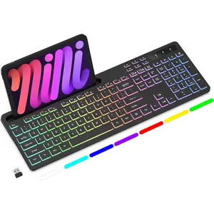Wireless Keyboard with 7-Color RGB Backlit, Full-Size Computer Keyboard with Phone Tablet Holder, Rechargeable 2.4G Wireless Gaming Keyboard with Light Up Key, Compatible with Mac, Windows
