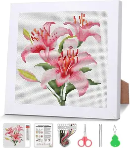 Lily Cross Stitch Kits for Beginner,Flowers Stamped Cross Stitch Kits Crafts for Adults with Wooden Framed,Embroidery Kit for Beginners,Partial 11CT Floral Cross Stitch for Kids 7.9x7.9 inch
