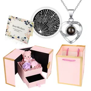 Mother's Day gift Cute Teddy Bear with Preserved Rose,Eternal Flowers Rotating Rose Box with Necklace Romantic Gift for Her in Valentine's Day, Mother's Day,Weddings,Anniversaries,and Bridal Showers