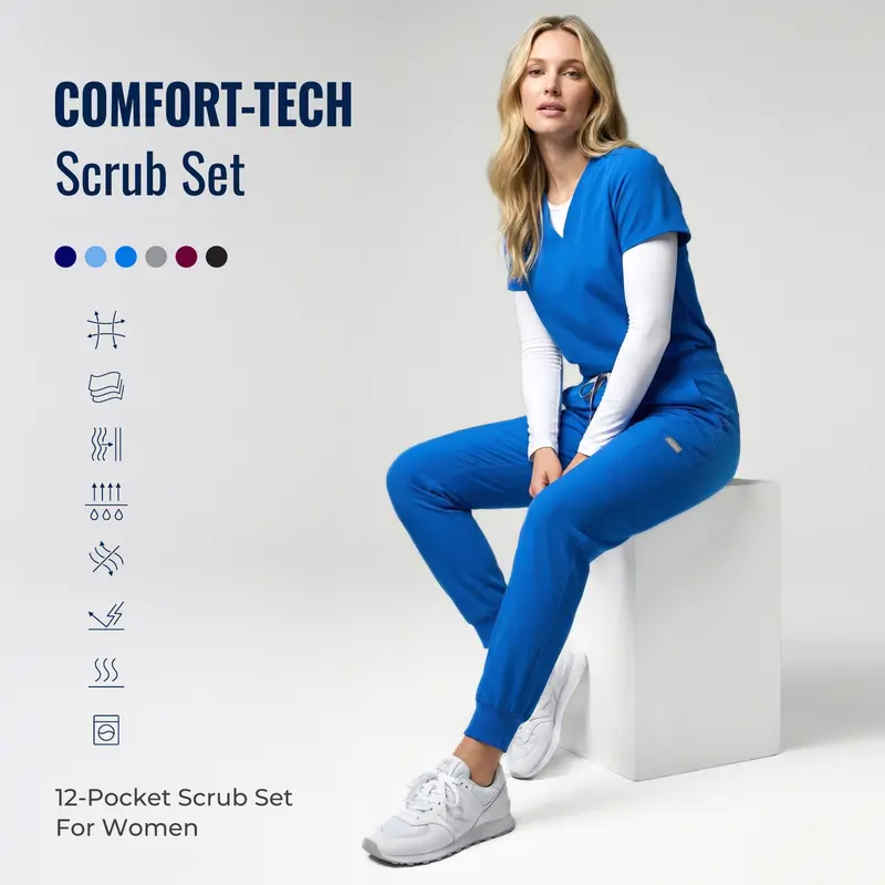 Tinylemon Women's 2-Piece Scrub Set - Minimalist V-Neck Slim-Fitting Top & Jogger Trousers Uniforms, Soft 4way Stretch Move Antimicrobial Polyester Blend Fabric Workwear, 12-Pocket Pants with Adjustable Drawstring