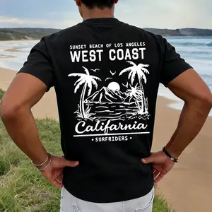 California West Coast Sunset Beach T-shirt, featuring a vintage surf print design, a sunset beach and palm tree graphic, and a surfer silhouette.