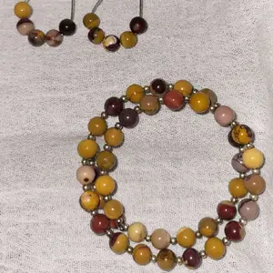 Mookaite Memory Wire Bracelet & Earrings Set Silver Tone Handmade Adjustable