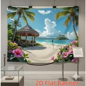 Summervibes 1PC Polyester 2D Flat Custom Backdrop - Tropical Beach Theme with Palm Trees, Thatched Pavilion, Floral Seaside Scene, Wall Hanging Decoration for Summer Holiday Parties, Bedroom Living Room