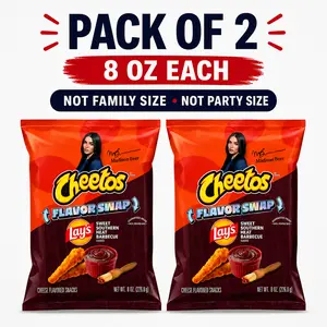 Pack of 2 - 8.5 oz Bag each (Big Size) Cheetos Cheese Flavored Snacks, Lay’s Flavor Swap Sweet Southern Heat BBQ, snack, chip, corn, Madison Beer, corn chips Crunchy Crispy