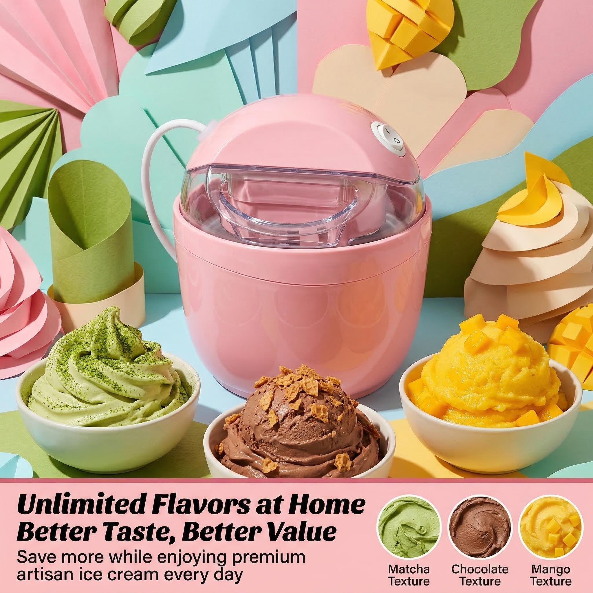 Make Ice Cream in 15 Minutes! Compact Electric Ice Cream Maker with Auto Stir, Easy DIY Healthy Frozen Treats at Home, Perfect for Summer Desserts & Family Fun