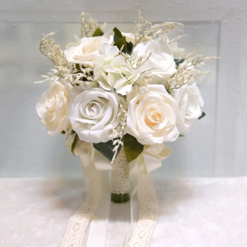 Handmade Artificial Rose Wedding Bouquets with Lace & Knot Detail - White Holding Flowers for Bride, Decorative Room Plants & Home Decor, Table
