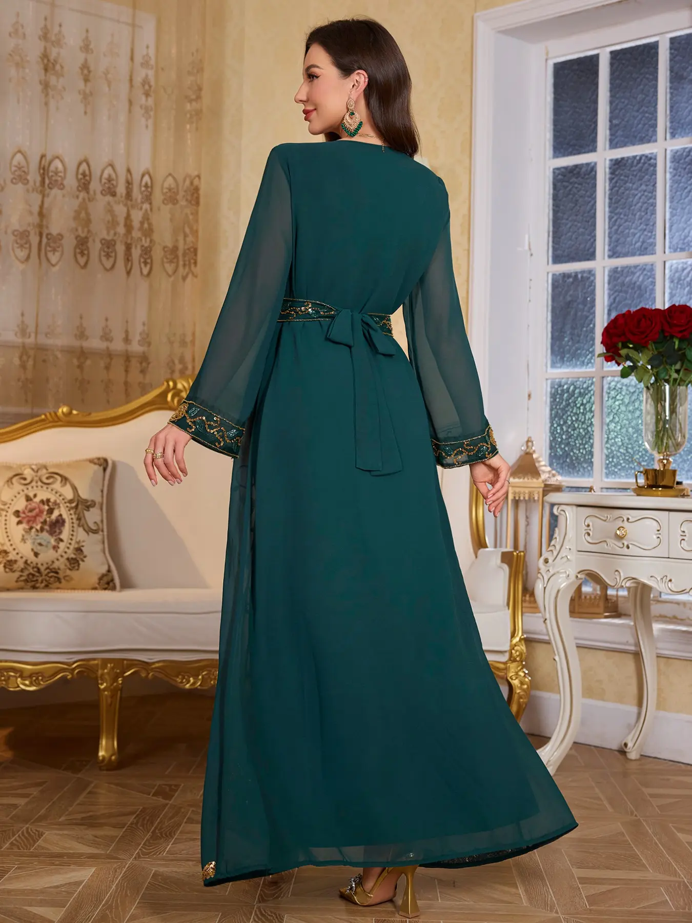 middle eastern designer dresses Sage Green A Line Muslim Prom Dresses With Long Cape Sleeve Middle East Heavy Handmade Wedding Guest Gown Customized Engagement