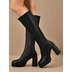 Women's Knee-High High Heel Boots, New Autumn Winter Square Toe Thick Sole Knight Boots, Slimming Large Size Shoes for Women