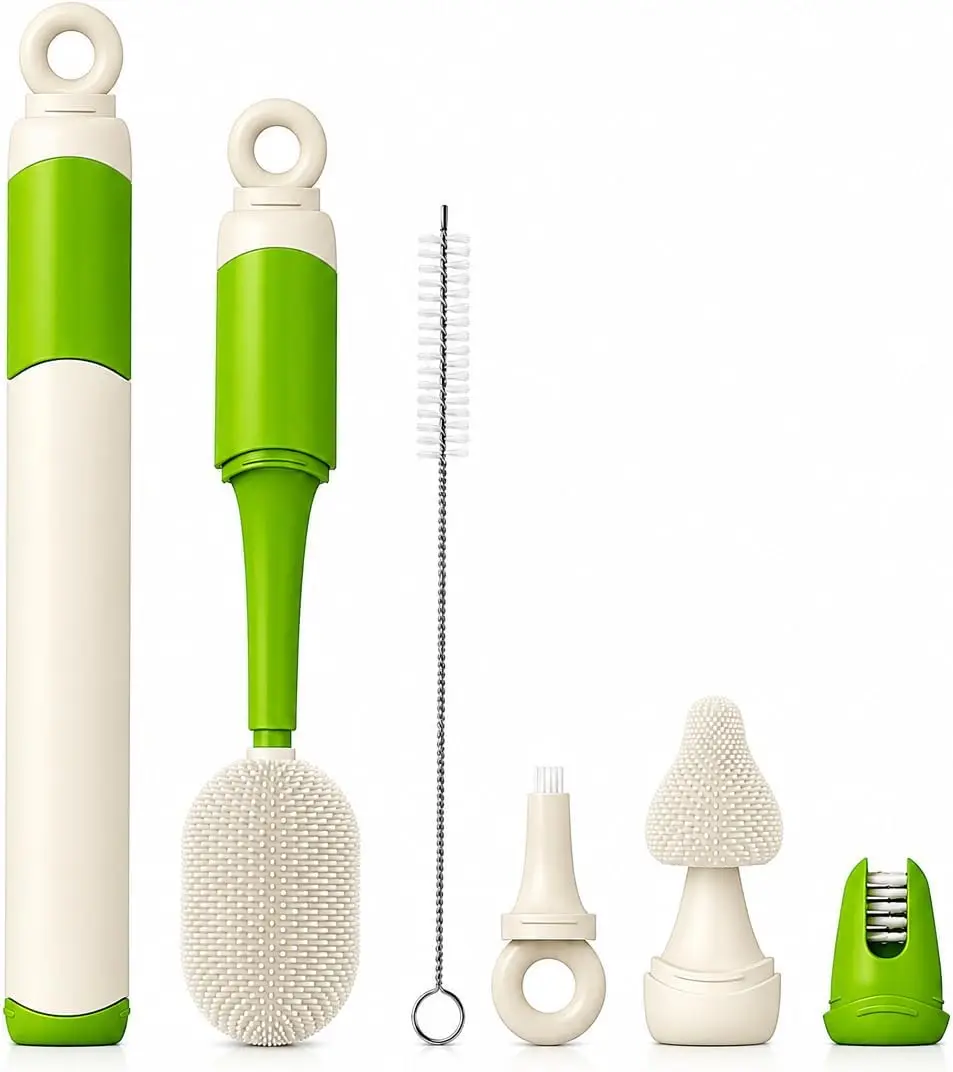 Baby Bottle Brush Set for Baby Bottles, 5 Cleaning Tools with Silicone Bottle and Nipple Brush Heads, Straw Brush, Detail Brush, Cup Rim Cleaner, Integrated Travel Storage,
