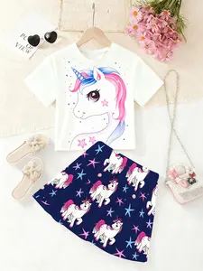 Girls Summer Fashion Unicorn Pattern Short Sleeve T-Shirt & Dress Set, Casual Two-Piece for Daily Outdoor Wear