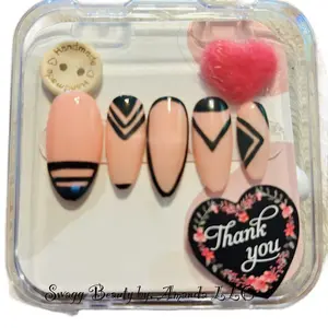 15-Piece Light Pink Aztec Long Almond Press Ons Set with Sticky Strips, Nail Glue, Alcohol Wipe, Nail Buffer, and File