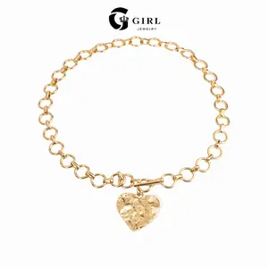 GGIRL 18K Gold Plated Hammered-Texture Heart Necklace with OT Clasp Textured Heart Pendant Chain Necklace Punk-Style Choker Cool Minimalist Aesthetic, Fashion  men's Jewelry Gifts for Holiday Birthdays Anniversaries