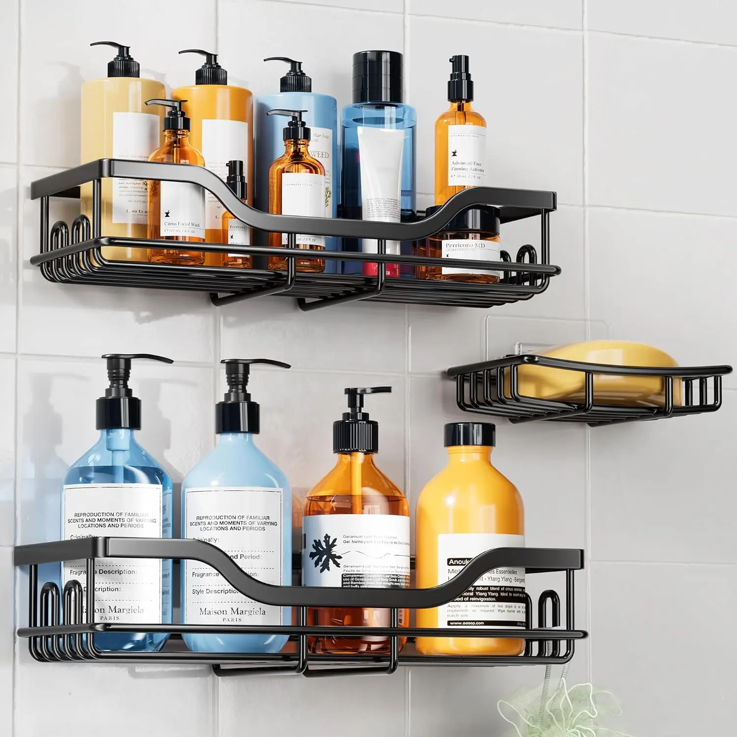 3-Pack Shower Caddy with Soap Holder, Adhesive Rustproof No-drill Strudy Loading Inside Shower Organizer Shelves Rack Storage Bathroom Organization for Smooth Wall Glass Tile, Black (Large)