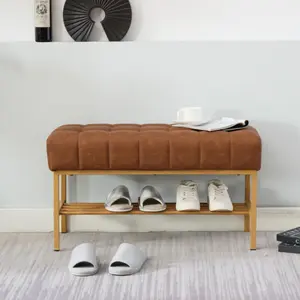 [SOIYELIFE] End of Bed Bench with Shelf, Retro leather Upholstered Storage Shoe Bench, Modern Bedroom Bench with Metal Legs for Living Room, Entryway, Dining Room, 300 LB, (Brown),Unique furniture,