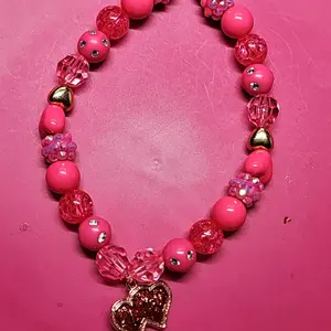 Pink Beads Rhinestone Bracelet with Double Heart Charm for Women
