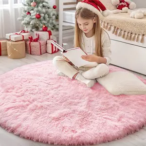 Pink Round Rugs for Bedroom - Machine Washable, 4 ft Circle Area Rugs for Living Room, Soft and Fluffy Shaggy Carpet for Teen Girls and Boys, Nursery Rooms, Dorms, Home Decor Aesthetic