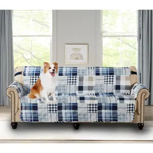Blue Plaids and Stripes Patchwork Couch Cover, Quilted Large Sofa Slipcover, 70" Seat Width, Reversible Furniture Protector, 2" Strap, Washable Cover for Pets, Kids, Dogs, Cats,Blue