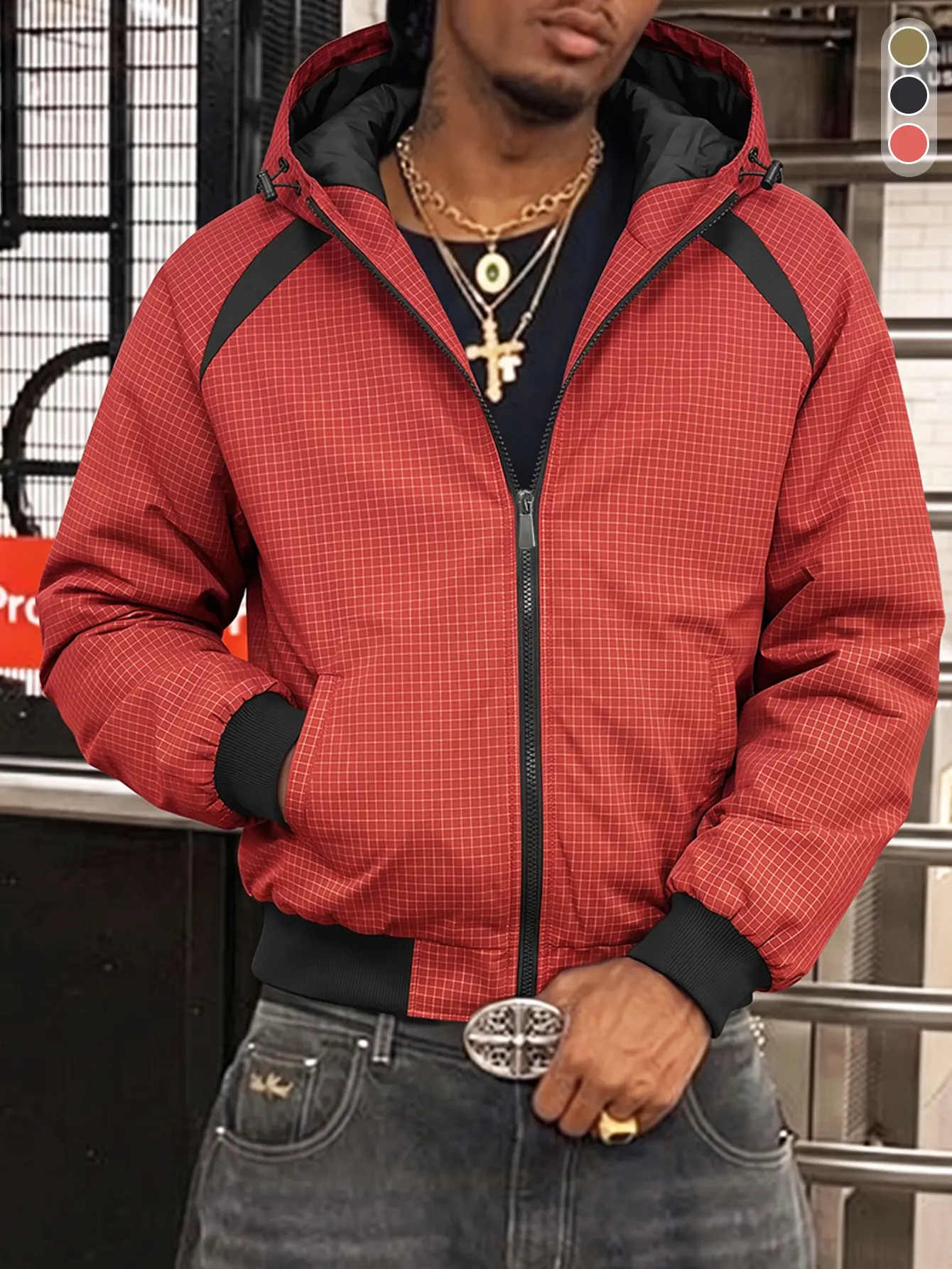 Men’s red fine plaid hooded jacket with an adjustable drawstring hood, ribbed elastic cuffs and hem, a loose drop-shoulder fit—ideal for street style, city outings, and everyday outings; a warm jacket.