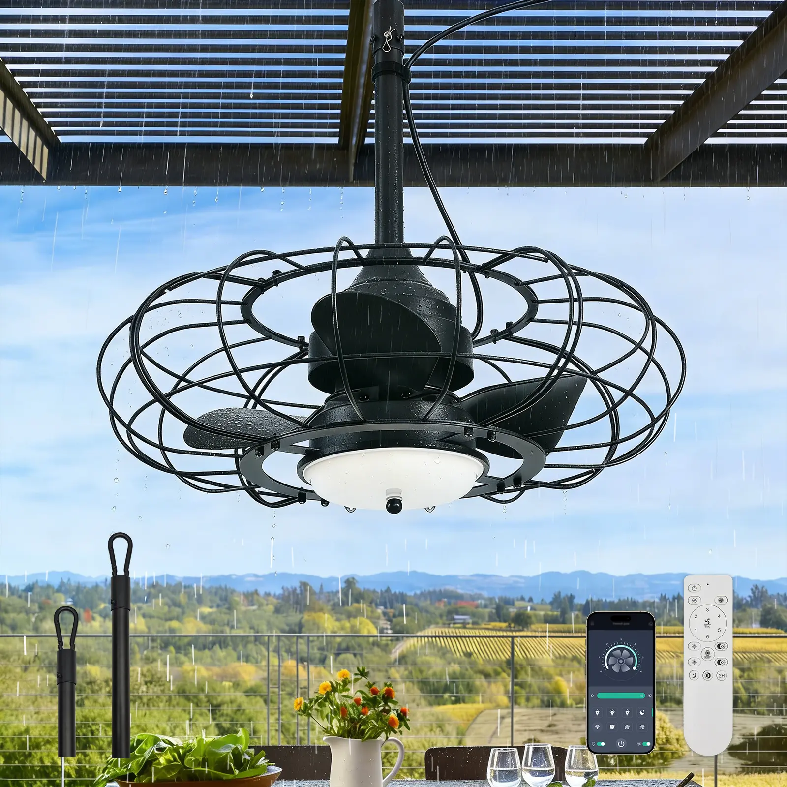 AHAWILL Outdoor Ceiling Fan with Light,20in Gazebo Fan with Remote and APP, 6 Speed,Dimmable 3 Color,IP65 Waterproof Cage Fan for Patio,Porch, Pergola,Canopy,Black