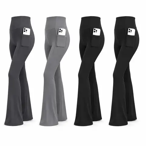 4PCS Women's High-Waisted Flare Yoga Pants with Dual Side-Pockets Butt-Lifting Activewear for Fitness & Casual Wear Relaxed Bootcut Fit Leggings summerwins