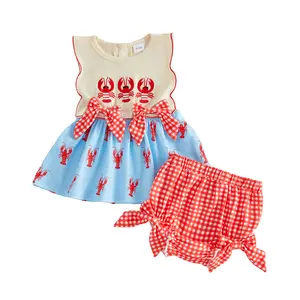 Infant Baby Girl Crawfish Outfit Bows Lobster Embroidered Sleeveless Tops and Plaid Bloomers Summer Set 0-18 Months