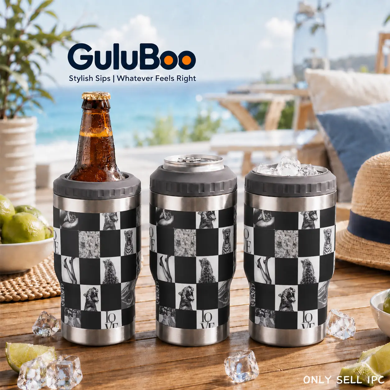 GuLuBoo 4-in-1 Black & White Leopard Insulated Can Cooler Tumbler, 12oz Stainless Steel Double Wall Vacuum Flask Drinkware, Geometric Aesthetic, 2 Lids & Built-in Bottle Opener, Fits All Cans & Bottles, Portable Coffee Cup & Travel Mug Holiday Gifts