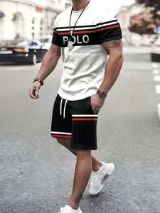 Men's Summer Training & Running Set, Patchwork Striped Polo Print Short Sleeve Tee Shorts, Sporty Loose-Fitting Regular Length