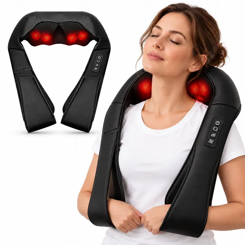 Medcursor Neck & Shoulder Shiatsu Massager Device with Heat - 16 Deep-Kneading Nodes, Adjustable Intensity, Durable Portable Faux Leather Relaxer with Handle, Self Care Durable Birthday Gift for Men, Gifts for Adults