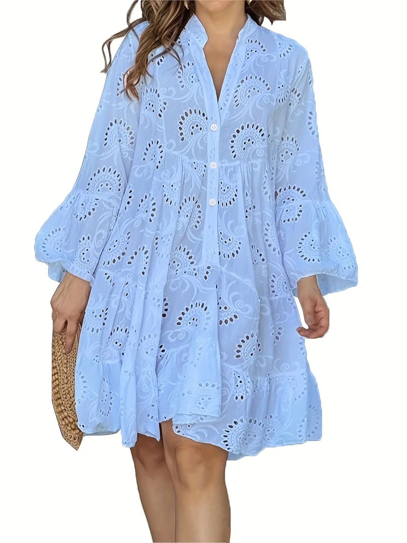 Green V-Neck Shift Dress with Embroidered Bell Sleeves - Lightweight, Loose Fit, Knee-Length with Button Closure and Eyelet Details, Perfect for All Seasons