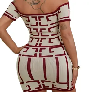 Women'S Geometric Print Knit Dress Set, Off the Shoulder Top with Skirt, Casual Polyester 100%  all Season, Two-Piece Outfit