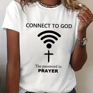 Women's Prayer T-Shirt - Connect to God Jesus Funny Religious Letter Print Short Sleeve Crew Neck Top, -Based Casual Summer Spring Tee for Church Outfits & Spiritual Wear