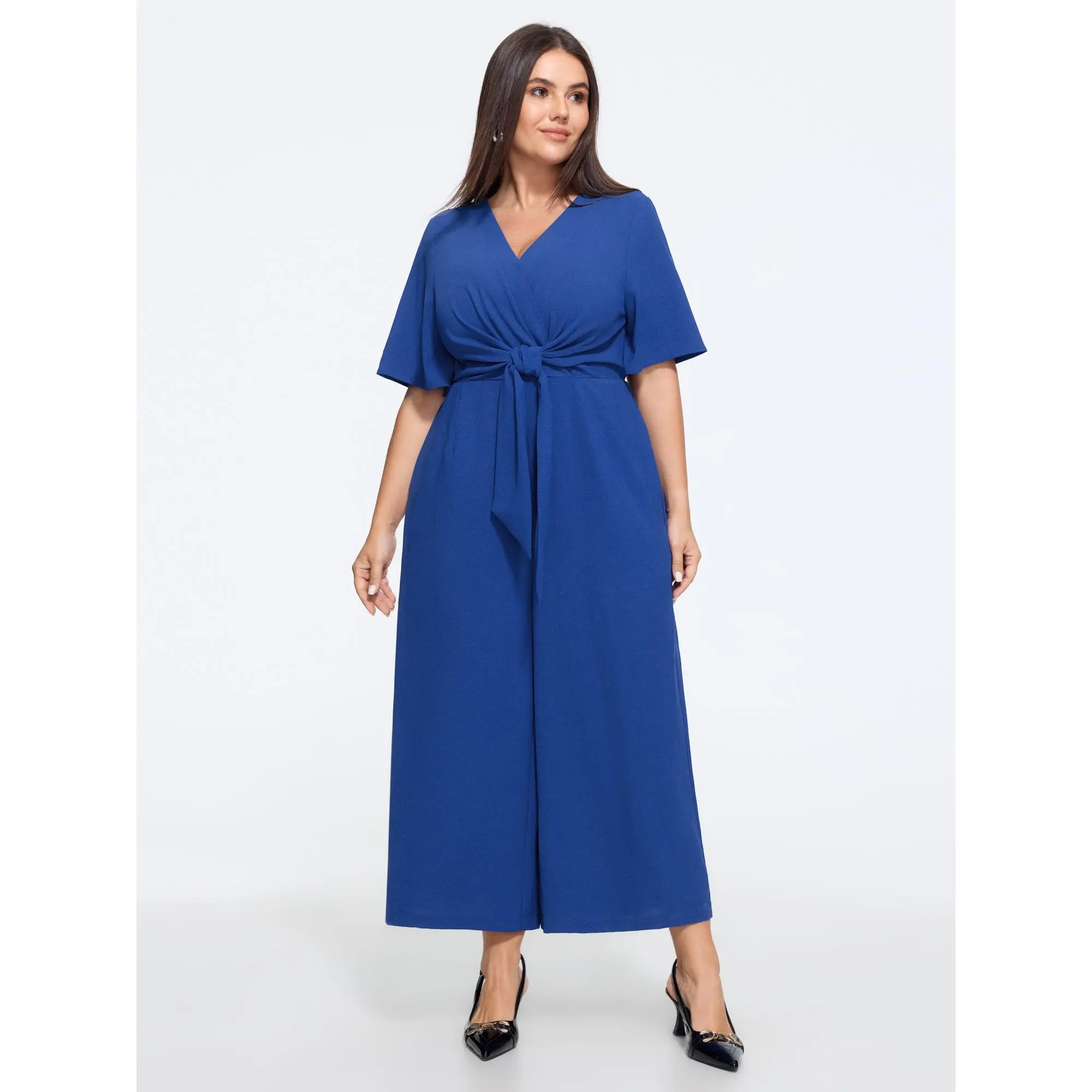 BLOOMCHIC Plus Size Wrap Neck Self‑Tie Knot Waist Wide Leg Jumpsuit[M-6X] Back To School,Fall Pick