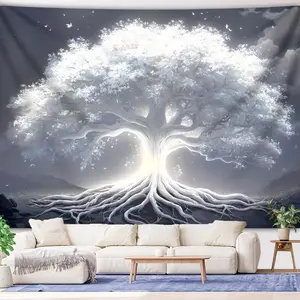 1pc Romantic White Tree of Life Tapestry - Polyester Print Wall Hanging with Dramatic Mountain & Sunset Background, Ideal for Living Room, Bedroom, or Dorm Decor, Includes Free Hanging Kit, Bedroom Wall Art |       Serene Room Decor |       Durable Polyes