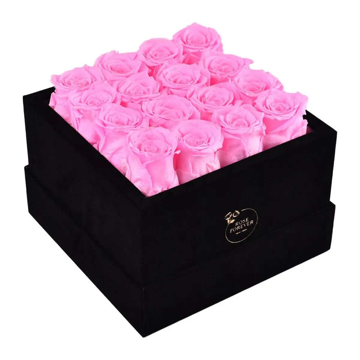 16 Fuchsia Preserved Forever Roses Eternal Bouquet in 6"h x 8"w Vegan Velvet Black Square Box - Anniversary Gift for Girlfriend/Wife, Home Decorative Flower