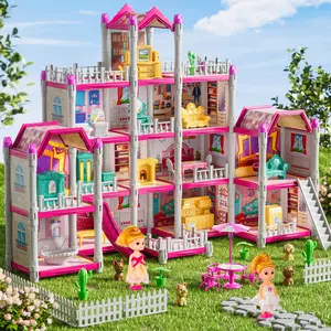 Pink Toys DIY Room Kits with Dolls & Figures Fully Furnished Fashion Villa Toy Pretend Building Set for Kids Playhouse Miniature House with Accessories Gifts