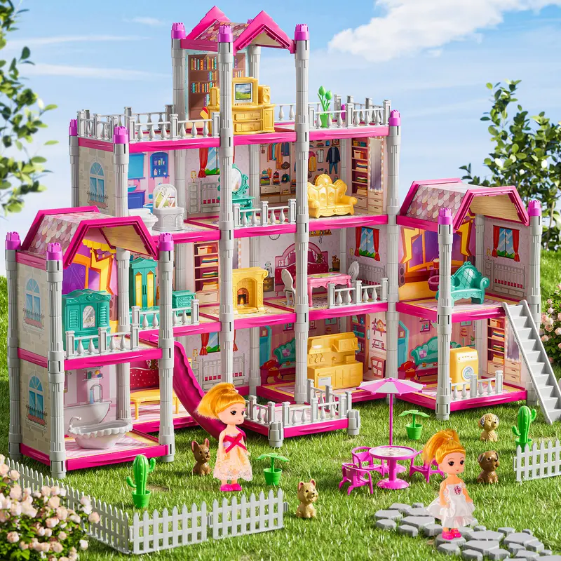 Pink Toys DIY Room Kits with Dolls & Figures Fully Furnished Fashion Villa Toy Pretend Building Set for Kids Playhouse Miniature House with Accessories Gifts