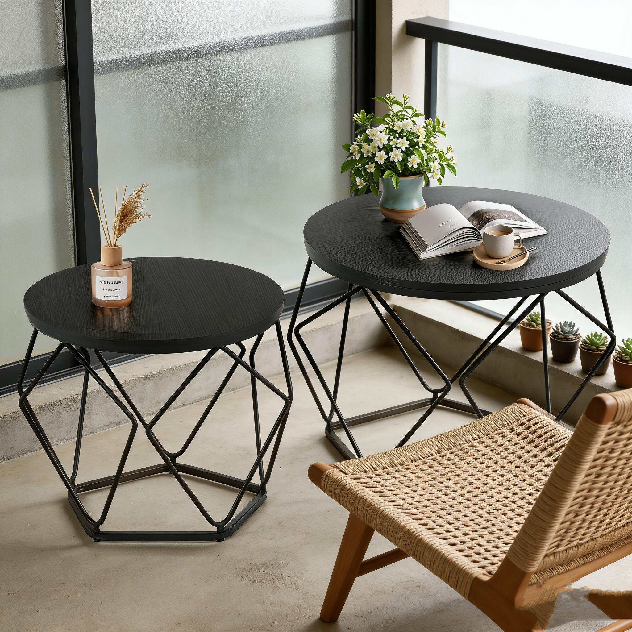 Small Coffee Table Set of 2, Round Coffee End Table with Metal Frame, Glass Tabletop, Gold Side Table for Living Room, Bedroom and Balcony, Modern Style  Modern geometric style coffee table set (2-piece), round stackable side table with hidden