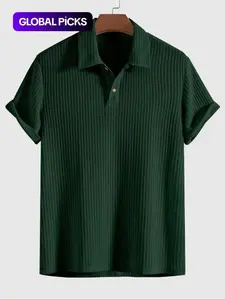 VYX Men's Plain Jacquard Knit Polo Shirt, Regular Fit Casual Short Sleeve Button Front Green Top for Summer, Fashion Clothes for Daily Wear