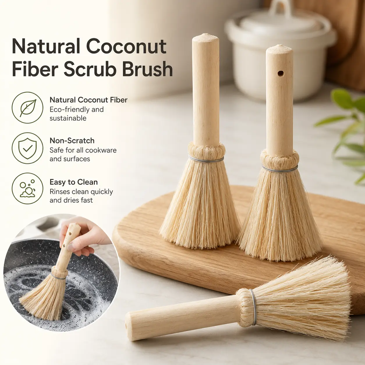 1 Count, Wooden Handle Pot Cleaning Brush, Natural Palm Fiber Bristle Scrubber for Kitchen Dish Pan and Sink Washing