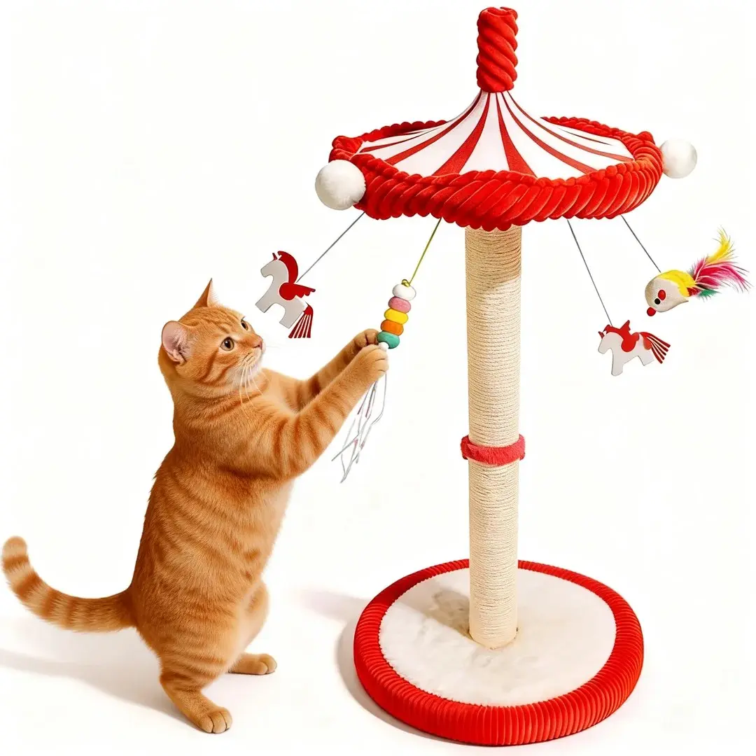 Carousel Cat Scratching Post 39” Tall – Interactive Toy with Hanging Balls & Rotating Top, Sisal Rope, Super Stable for Indoor Bored Cats, Cat Scratching Furniture, Cat Tree, Indoor Cat Scratching Post with Ball