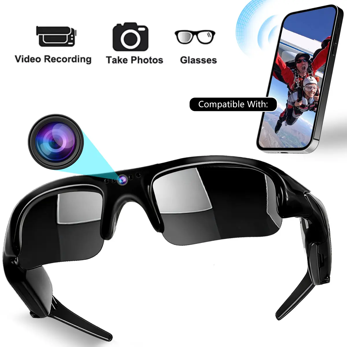 Camera Sunglasses, 1080P HD Video Recording Glasses with WiFi Connection & UV Protection, Comfortable Wearable Smart Eyewear, Best Gift for Men & Women, Suitable for Skiing, Cycling & Outdoor Sports, Sunglasses with Cameras